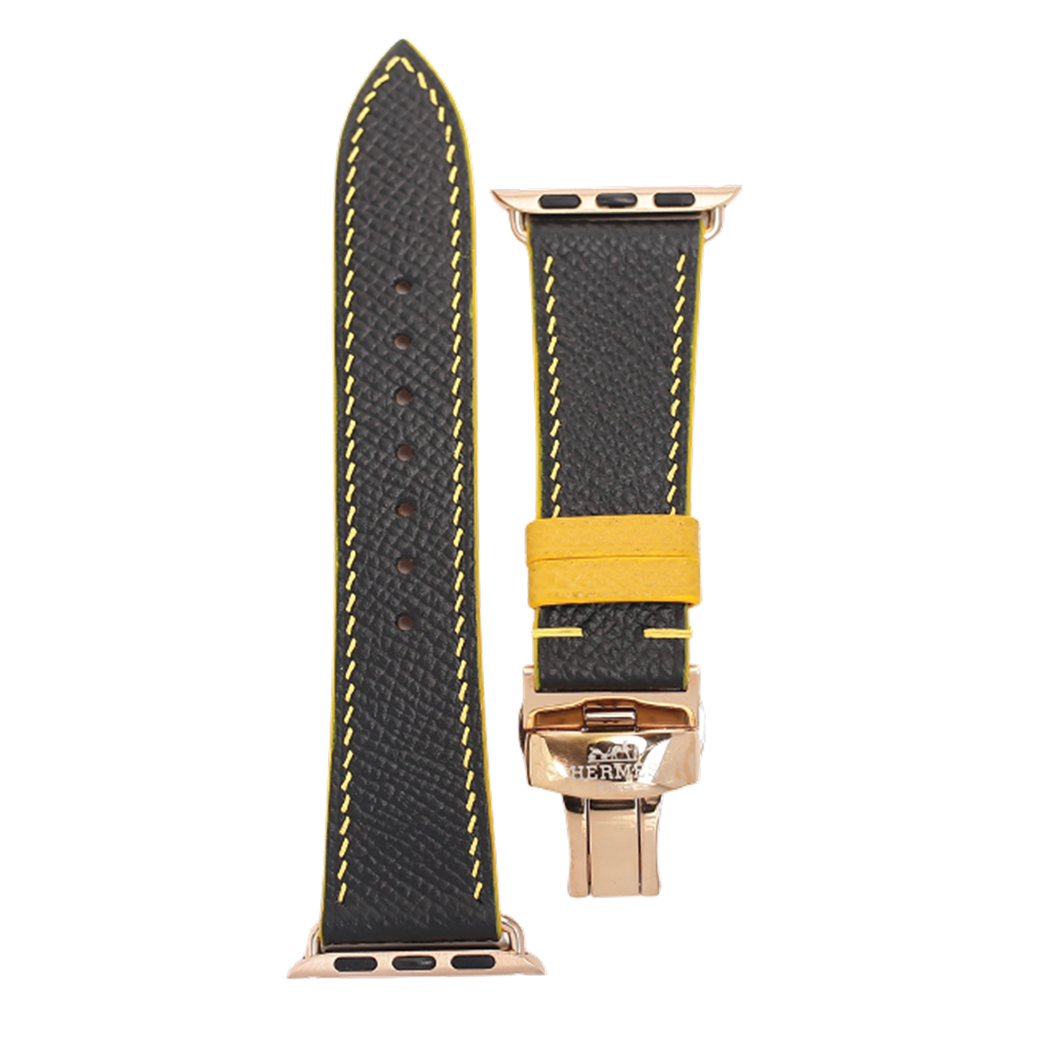 Apple watch band Epsom Leather Strap black, GoldThread, Butterfly Buckle